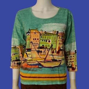 3/$30 JANE ASHLEY Teal Graphic Cityscape Beaded Cotton Blouse